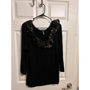 Lauren Ralph Lauren Womens XL Blouse Ruffle Collar long sleeve black Business